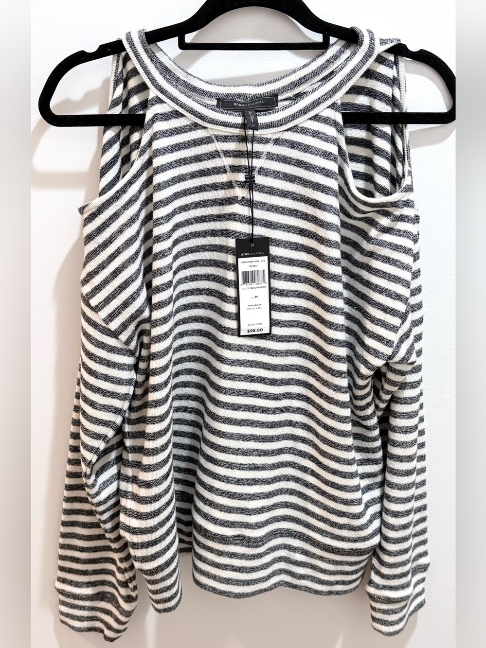 BCBG MaxAzria NWT Terry Black White Stripe Top Cold Shoulder Nautical Preppy